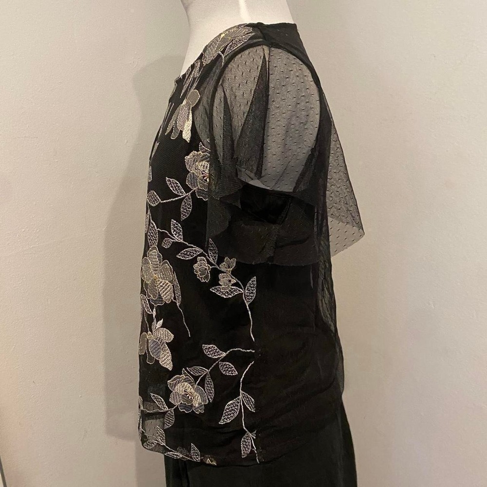 Black Sheer Mesh Floral Embroidered Flutter Sleeve Top - Picture 4 of 5